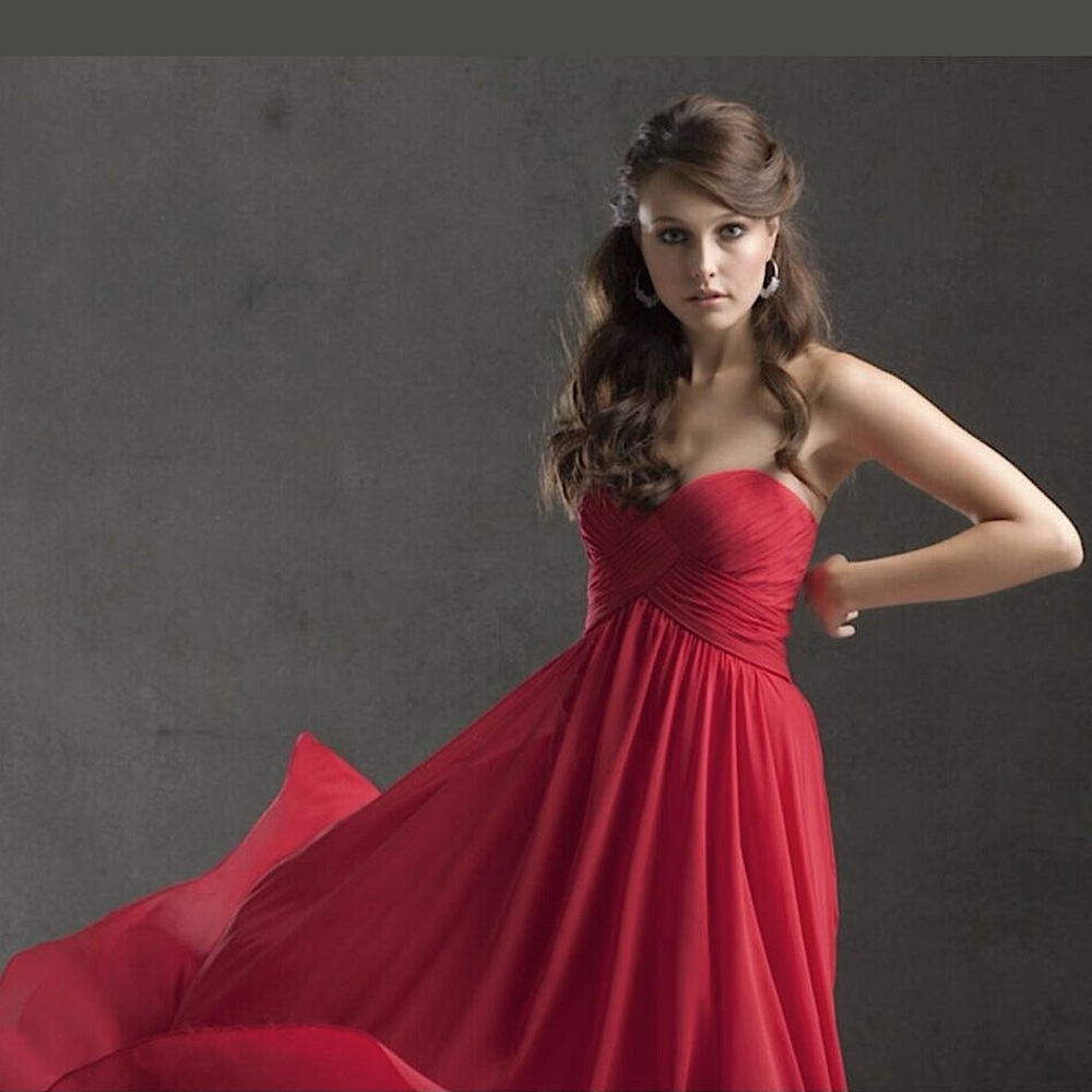 Hayley Paige Occasions Coral Strapless Ruched Bodice Formal Gown